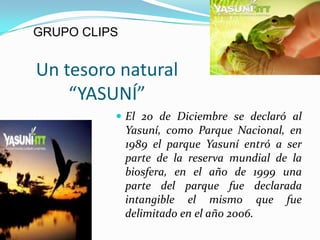GRUPO CLIPS


Un tesoro natural
    “YASUNÍ”
           El 20 de Diciembre se declaró al
              Yasuní, como Parque Nacional, en
              1989 el parque Yasuní entró a ser
              parte de la reserva mundial de la
              biosfera, en el año de 1999 una
              parte del parque fue declarada
              intangible el mismo que fue
              delimitado en el año 2006.
 