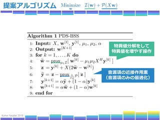 Kohei Yatabe 2018
提案アルゴリズム
音源項の近接作用素
（音源項のみの最適化）
特異値分解をして
特異値を増やす操作
 