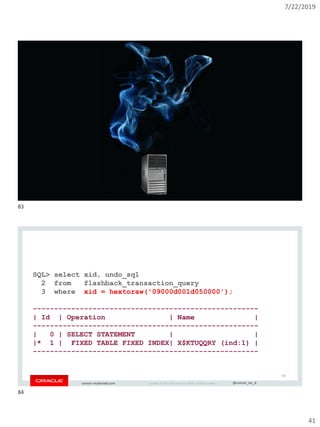 7/22/2019
41
Copyright © 2019, Oracle and/or its affiliates. All rights reserved. | @connor_mc_dconnor-mcdonald.com
Copyright © 2019, Oracle and/or its affiliates. All rights reserved. | @connor_mc_dconnor-mcdonald.com
SQL> select xid, undo_sql
2 from flashback_transaction_query
3 where xid = hextoraw('09000d001d050000');
-----------------------------------------------------
| Id | Operation | Name |
-----------------------------------------------------
| 0 | SELECT STATEMENT | |
|* 1 | FIXED TABLE FIXED INDEX| X$KTUQQRY (ind:1) |
-----------------------------------------------------
84
83
84
 