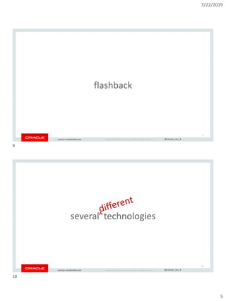 7/22/2019
5
Copyright © 2019, Oracle and/or its affiliates. All rights reserved. | @connor_mc_dconnor-mcdonald.com
flashback
9
Copyright © 2019, Oracle and/or its affiliates. All rights reserved. | @connor_mc_dconnor-mcdonald.com
several technologies
10
9
10
 