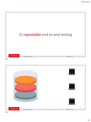 7/22/2019
82
Copyright © 2019, Oracle and/or its affiliates. All rights reserved. | @connor_mc_dconnor-mcdonald.com
2) repeatable end to end testing
169
Copyright © 2019, Oracle and/or its affiliates. All rights reserved. | @connor_mc_dconnor-mcdonald.com
170
169
170
 