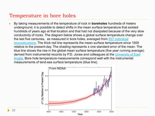 Temperature in bore holes
 By taking measurements of the temperature of rock in boreholes hundreds of meters
underground, it is possible to detect shifts in the mean surface temperature that existed
hundreds of years ago at that location and that had not dissipated because of the very slow
conductivity of rocks. The diagram below shows a global surface temperature change over
the last five centuries, as measured in bore holes, averaged from 837 individual
reconstructions. The thick red line represents the mean surface temperature since 1500
relative to the present-day. The shading represents ± one standard error of the mean. The
blue line shows the rise in the global mean surface temperature (five year running average)
derived from instrumental records by P.D. Jones and colleagues at the University of East
Anglia. Bore hole temperature measurements correspond well with the instrumental
measurements of land-sea surface temperature (blue line).
From NOAA
22
 
