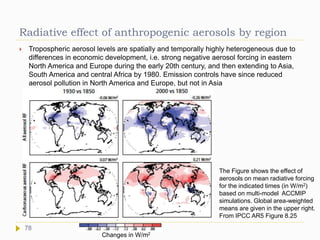 Radiative effect of anthropogenic aerosols by region
 Tropospheric aerosol levels are spatially and temporally highly heterogeneous due to
differences in economic development, i.e. strong negative aerosol forcing in eastern
North America and Europe during the early 20th century, and then extending to Asia,
South America and central Africa by 1980. Emission controls have since reduced
aerosol pollution in North America and Europe, but not in Asia
Changes in W/m2
The Figure shows the effect of
aerosols on mean radiative forcing
for the indicated times (in W/m2)
based on multi-model ACCMIP
simulations. Global area-weighted
means are given in the upper right.
From IPCC AR5 Figure 8.25
78
 