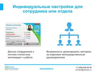 +7 (499) 638 48 39
contact@yaware.ru
www.yaware.ru
Индивидуальные настройки для
сотрудника или отдела
Возможность делегировать контроль
за отделами непосредственным
руководителям
Доступ сотрудников к
личной статистике
мотивирует к работе
 