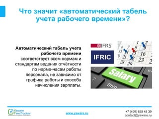 +7 (499) 638 48 39
contact@yaware.ru
www.yaware.ru
Что значит «автоматический табель
учета рабочего времени»?
Автоматический табель учета
рабочего времени
соответствует всем нормам и
стандартам ведения отчётности
по нормо-часам работы
персонала, не зависимо от
графика работы и способа
начисления зарплаты.
 