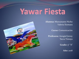 Alumna: Manzanares Nicho
Valeria Xiomara
Curso: Comunicación
Profesora: Anngiel Jenny
Tacca Tintaya
Grado: 5° “A”
Año: 2018
 