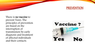 PREVENTION
There is no vaccine to
prevent Yaws. The
principles of prevention
are based on the
interruption of
transmission by early
diagnosis and treatment
of affected individuals
and their contacts.
 