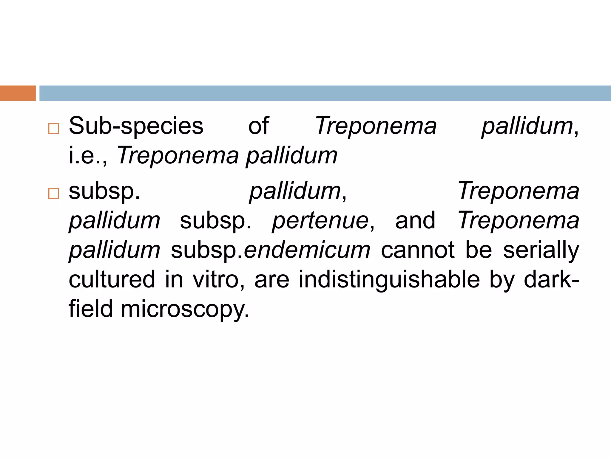  Sub-species of Treponema pallidum,
i.e., Treponema pallidum
 subsp. pallidum, Treponema
pallidum subsp. pertenue, and Treponema
pallidum subsp.endemicum cannot be serially
cultured in vitro, are indistinguishable by dark-
field microscopy.
 