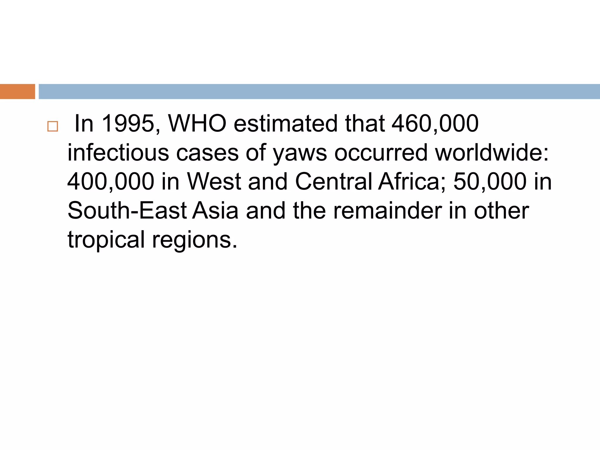  In 1995, WHO estimated that 460,000
infectious cases of yaws occurred worldwide:
400,000 in West and Central Africa; 50,000 in
South-East Asia and the remainder in other
tropical regions.
 