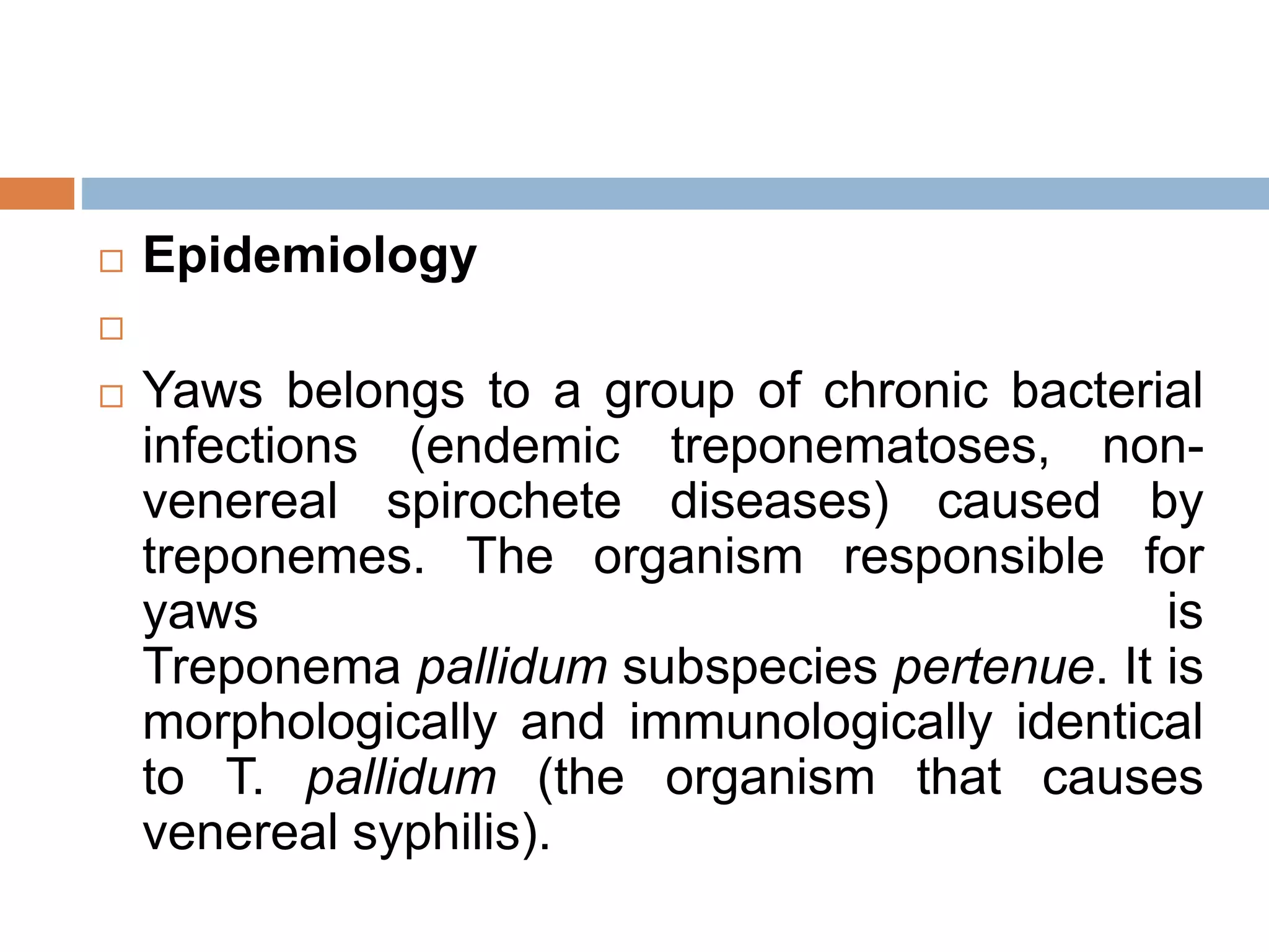  Epidemiology

 Yaws belongs to a group of chronic bacterial
infections (endemic treponematoses, non-
venereal spirochete diseases) caused by
treponemes. The organism responsible for
yaws is
Treponema pallidum subspecies pertenue. It is
morphologically and immunologically identical
to T. pallidum (the organism that causes
venereal syphilis).
 