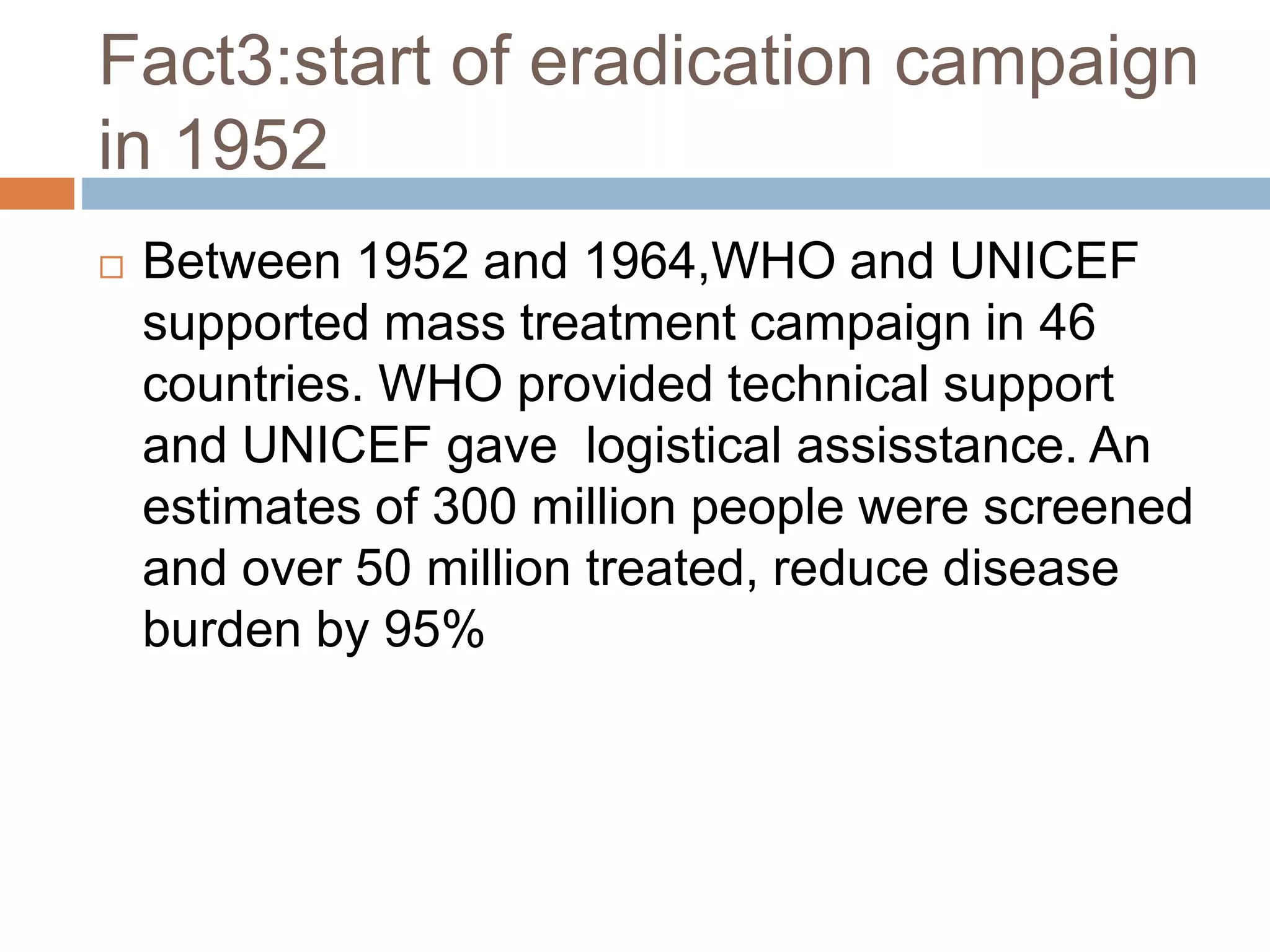 Fact3:start of eradication campaign
in 1952
 Between 1952 and 1964,WHO and UNICEF
supported mass treatment campaign in 46
countries. WHO provided technical support
and UNICEF gave logistical assisstance. An
estimates of 300 million people were screened
and over 50 million treated, reduce disease
burden by 95%
 