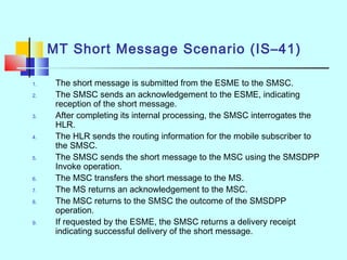 MT Short Message Scenario (IS–41)
1. The short message is submitted from the ESME to the SMSC.
2. The SMSC sends an acknowledgement to the ESME, indicating
reception of the short message.
3. After completing its internal processing, the SMSC interrogates the
HLR.
4. The HLR sends the routing information for the mobile subscriber to
the SMSC.
5. The SMSC sends the short message to the MSC using the SMSDPP
Invoke operation.
6. The MSC transfers the short message to the MS.
7. The MS returns an acknowledgement to the MSC.
8. The MSC returns to the SMSC the outcome of the SMSDPP
operation.
9. If requested by the ESME, the SMSC returns a delivery receipt
indicating successful delivery of the short message.
 