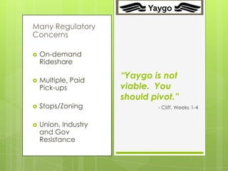 20



Many Regulatory
Concerns

   On-demand
    Rideshare

   Multiple, Paid
                       “Yaygo is not
    Pick-ups           viable. You
                       should pivot.”
   Stops/Zoning                - Cliff, Weeks 1-4


   Union, Industry
    and Gov
    Resistance
 