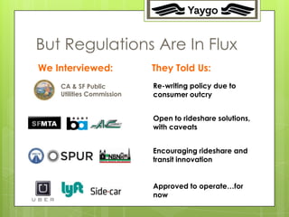 21




But Regulations Are In Flux
We Interviewed:            They Told Us:
    CA & SF Public          Re-writing policy due to
    Utilities Commission    consumer outcry


                            Open to rideshare solutions,
                            with caveats


                            Encouraging rideshare and
                            transit innovation


                            Approved to operate…for
                            now
 