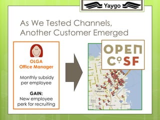 8




 As We Tested Channels,
 Another Customer Emerged


     OLGA
Office Manager

 Monthly subsidy
 per employee

      GAIN:
 New employee
perk for recruiting
 