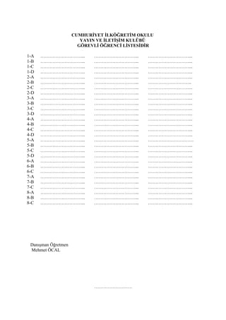CUMHURİYET İLKÖĞRETİM OKULU
                        YAYIN VE İLETİŞİM KULÜBÜ
                       GÖREVLİ ÖĞRENCİ LİSTESİDİR

1-A   ………………………...          ………………………...       ………………………...
1-B   ………………………...          ………………………...       ………………………...
1-C   ………………………...          ………………………...       ………………………...
1-D   ………………………...          ………………………...       ………………………...
2-A   ………………………...          ………………………...       ………………………...
2-B   ………………………...          ………………………...       ………………………..
2-C   ………………………...          ………………………...       ………………………...
2-D   ………………………...          ………………………...       ………………………...
3-A   ………………………...          ………………………...       ………………………...
3-B   ………………………...          ………………………...       ………………………...
3-C   ………………………...          ………………………...       ………………………...
3-D   ………………………...          ………………………...       ………………………...
4-A   ………………………...          ………………………...       ………………………...
4-B   ………………………...          ………………………...       ………………………...
4-C   ………………………...          ………………………...       ………………………...
4-D   ………………………...          ………………………...       ………………………...
5-A   ………………………...          ………………………...       …………………………
5-B   ………………………...          ………………………...       ………………………...
5-C   ………………………...          ………………………...       ………………………...
5-D   ………………………...          ………………………...       ………………………...
6-A   ………………………...          ………………………...       ………………………...
6-B   ………………………...          ………………………...       ………………………...
6-C   ………………………...          ………………………...       ………………………...
7-A   ………………………...          ………………………...       ………………………...
7-B   ………………………...          ………………………...       ………………………...
7-C   ………………………...          ………………………...       ………………………...
8-A   ………………………...          ………………………...       ………………………...
8-B   ………………………...          ………………………...       ………………………...
8-C   ………………………...          ………………………...       ………………………...




 Danışman Öğretmen
 Mehmet ÖCAL




                            …………………….
 