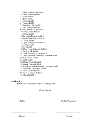1. Kültür ve Edebiyat Kulübü
                  2. Çocuk Hakları Kulübü
                  3. Müzik Kulübü
                  4. Resim Kulübü
                  5. Folklor Kulübü
                  6. Tiyatro Kulübü
                  7. Kütüphanecilik Kulübü
                  8. Sivil Savunma Kulübü
                  9. Gezi, Tanıtma ve Turizm K.
                  10. Çevre Koruma Kulübü
                  11. Satranç Kulübü
                  12. Hayvanları Koruma Kulübü
                  13. Sosyal Dayanışma ve Yar. K.
                  14. Yeşilay Kulübü
                  15. Sağlık, Temizlik, Beslenme K.
                  16. Kızılay Kulübü
                  17. Spor Kulübü
                  18. Bilim–Fen ve Teknoloji Kulübü
                  19. Fotoğrafçılık Kulübü
                  20. Trafik Güvenliği ve İlkyardım K
                  21. Kültür ve Tabiat Varlıklarını Koruma Kulübü
                  22. Okul Müzesi Kulübü
                  23. İzcilik Kulübü
                  24. Bilinçli Tüketici Kulübü
                  25. Meslek Tanıtma Kulübü
                  26. Demokrasi, İnsan Hakları ve Yurttaşlık Kulübü
                  27. Engellilerle Dayanışma Kulübü
                  28. Yeşili Koruma Kulübü
                  29. Yayın ve İletişim Kulübü
                  30. Felsefe Kulübü


YÜRÜRLÜK:
    Bu tüzük okul müdürünün onayı ile yürürlüğe girer.


                                                          Yönetim Kurulu


.......................................................                    .......................................................

                  Başkan                                                               Başkan Yardımcısı




.......................................................                    .......................................................

               Sekreter                                                                           Sayman
 