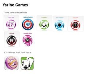 Free to play will become the dominant business model across web & mobile platformsSynchronous vs. AsynchronousYazino develops SYNCHRONOUS social games to encourage real life social behavior by allowing players to invite real world friends and make new friends whilst playing Asynchronous95% of games on social networks are Asynchronous