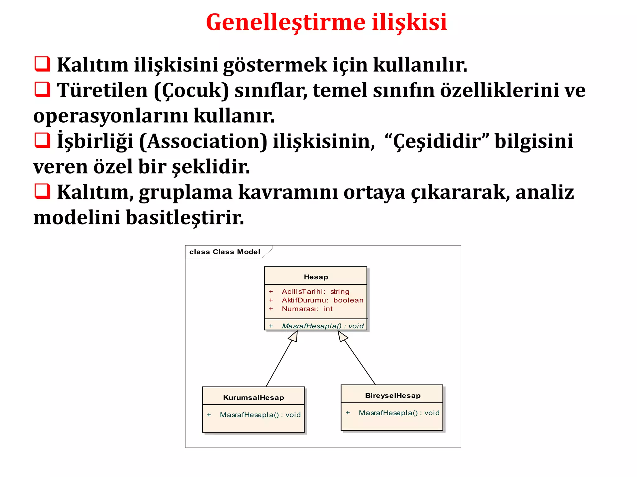 Genelleştirme ilişkisi 
 Kalıtım ilişkisini göstermek için kullanılır. 
 Türetilen (Çocuk) sınıflar, temel sınıfın özelliklerini ve 
operasyonlarını kullanır. 
 İşbirliği (Association) ilişkisinin, “Çeşididir” bilgisini 
veren özel bir şeklidir. 
 Kalıtım, gruplama kavramını ortaya çıkararak, analiz 
modelini basitleştirir. 
class Class Model 
Hesap 
+ Acil isTarihi : string 
+ Akti fDurumu: boolean 
+ Numarası: i nt 
+ MasrafHesapla() : void 
KurumsalHesap 
+ MasrafHesapla() : void 
BireyselHesap 
+ MasrafHesapla() : void 
 