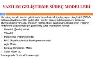 YAZILIM GELİŞTİRME SÜREÇ MODELLERİ
Her süreç modeli, yazılım geliştirmede başarılı olmak için bu yaşam döngüsünü (SDLC-
software development life cycle) izler. Yazılım süreç modelleri ürünlerin kalitesine
olumlu etkisinin yanı sıra, projelerin karmaşıklığını azaltıp karışıklıkları önler. Projenin
hedeflerine ulaşabilmesi için geliştirilmiş süreç modellerinin isimleri
 Waterfall (Şelale) Model,
 V Model,
 Incremental (Artırımlı) Model,
 RAD (Rapid Application Development) model,
 Agile Model,
 Iterative (Yinelemeli) Model
 Spiral Model vb.
Bu çalışmada “V Model” incelenmiştir.
10
 