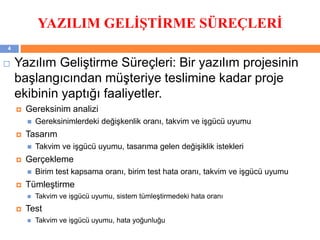 YAZILIM GELİŞTİRME SÜREÇLERİ
 Yazılım Geliştirme Süreçleri: Bir yazılım projesinin
başlangıcından müşteriye teslimine kadar proje
ekibinin yaptığı faaliyetler.
 Gereksinim analizi
 Gereksinimlerdeki değişkenlik oranı, takvim ve işgücü uyumu
 Tasarım
 Takvim ve işgücü uyumu, tasarıma gelen değişiklik istekleri
 Gerçekleme
 Birim test kapsama oranı, birim test hata oranı, takvim ve işgücü uyumu
 Tümleştirme
 Takvim ve işgücü uyumu, sistem tümleştirmedeki hata oranı
 Test
 Takvim ve işgücü uyumu, hata yoğunluğu
4
 