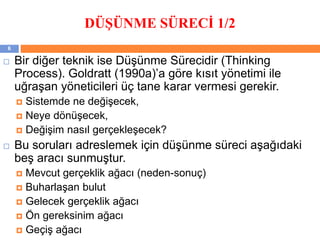 DÜŞÜNME SÜRECİ 1/2
 Bir diğer teknik ise Düşünme Sürecidir (Thinking
Process). Goldratt (1990a)’a göre kısıt yönetimi ile
uğraşan yöneticileri üç tane karar vermesi gerekir.
 Sistemde ne değişecek,
 Neye dönüşecek,
 Değişim nasıl gerçekleşecek?
 Bu soruları adreslemek için düşünme süreci aşağıdaki
beş aracı sunmuştur.
 Mevcut gerçeklik ağacı (neden-sonuç)
 Buharlaşan bulut
 Gelecek gerçeklik ağacı
 Ön gereksinim ağacı
 Geçiş ağacı
6
 