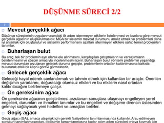 DÜŞÜNME SÜRECİ 2/2
 Mevcut gerçeklik ağacı
Düşünce süreçlerinin uygulanmasındaki ilk adım istenmeyen etkilerin listelenmesi ve bunlara göre mevcut
gerçeklik ağacının oluşturulmasıdır. MGA bir sistemin mevcut durumunu analiz etmek ve problemleri daha
iyi anlamak için oluşturulur ve sistemin performansını azaltan istenmeyen etkilere sahip temel problemleri
tanımlar.
 Buharlaşan bulut
Bu araç, tek bir problemin ayrı olarak ele alınmasını, karşılaşılan çatışmaların ve varsayımların
belirlenmesini ve çözüm amacıyla incelenmesini içerir. Buharlaşan bulut yöntemi problemin yaşandığı
mevcut durumdan arzulanan gelecek duruma geçişte, problemlerin ortadan kaldırılmasına katkıda
bulunarak etkili bir köprü görevi görmektedir.
 Gelecek gerçeklik ağacı
Geleceği hayal ederek canlandırmak ve tahmin etmek için kullanılan bir araçtır. Önerilen
değişimin yararlarını, doğuracağı olumsuz etkileri ve bu etkilerin nasıl ortadan
kaldırılacağını belirlemeye çalışır.
 Ön gereksinim ağacı
Ön gereksinim ağacının geliştirilmesi arzulanan sonuçlara ulaşmayı engelleyen yerel
engelleri, durumları ve ihmalleri tanımlar ve bu engelleri ve değişime direncin üstesinden
gelmeyi sağlayacak yeni hedefleri ve amaçları belirler.
 Geçiş ağacı
Geçiş ağacı (GA), amaca ulaşmak için gerekli faaliyetlerin tanımlanmasında kullanılır. Arzu edilmeyen
sonucun tanımlanmasından, değişimin tamamlanmasına kadar adım adım süreçleri ortaya koymak için
7
 