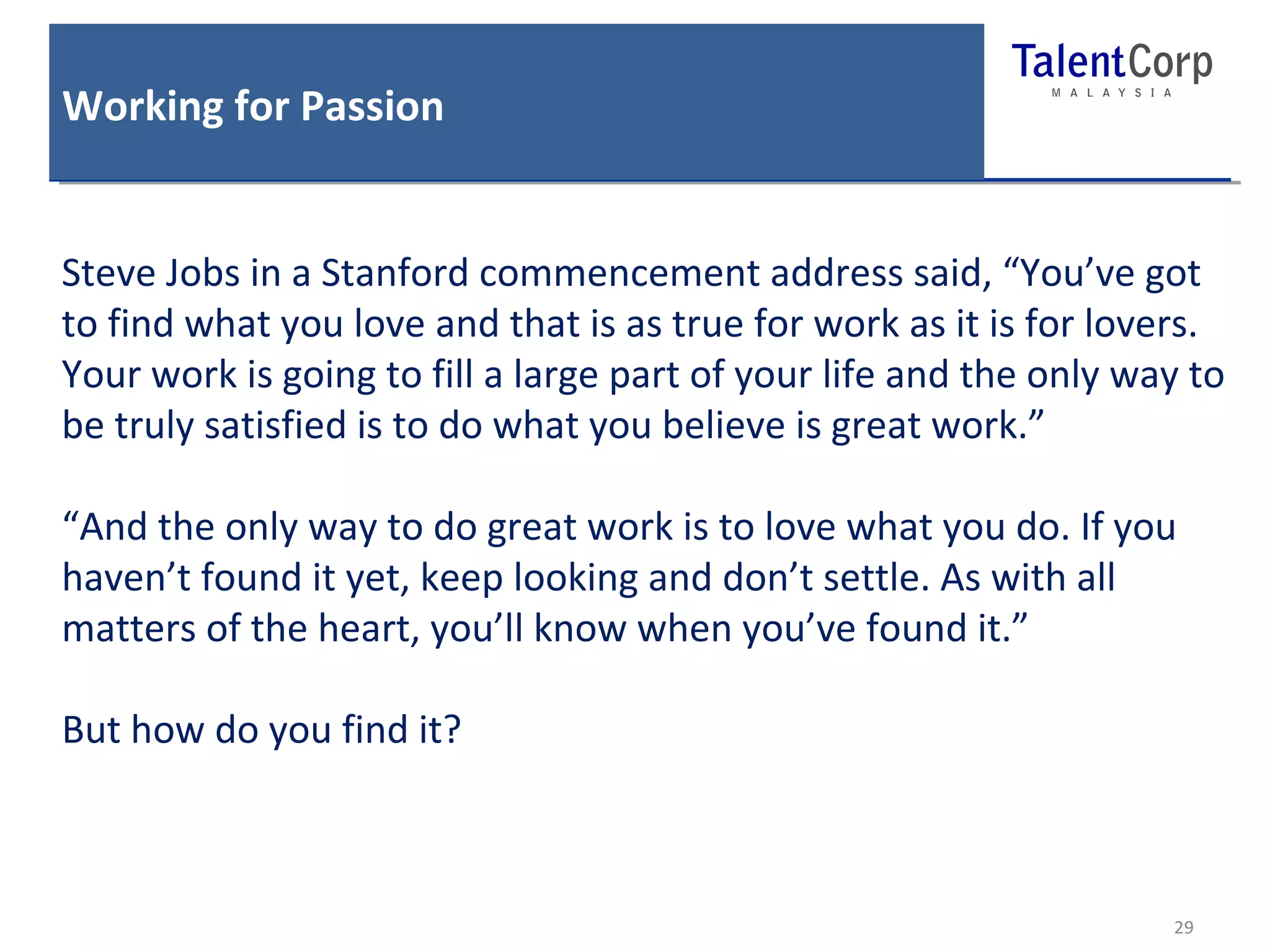 Working for Passion 
Steve Jobs in a Stanford commencement address said, “You’ve got 
to find what you love and that is as true for work as it is for lovers. 
Your work is going to fill a large part of your life and the only way to 
be truly satisfied is to do what you believe is great work.” 
“And the only way to do great work is to love what you do. If you 
haven’t found it yet, keep looking and don’t settle. As with all 
matters of the heart, you’ll know when you’ve found it.” 
29 
But how do you find it? 
 
