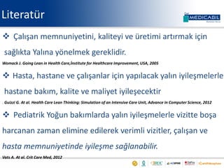 Literatür
 Çalışan memnuniyetini, kaliteyi ve üretimi artırmak için
sağlıkta Yalına yönelmek gereklidir.
Womack J. Going Lean in Health Care,İnstitute for Healthcare Improvement, USA, 2005
 Hasta, hastane ve çalışanlar için yapılacak yalın iyileşmelerle
hastane bakım, kalite ve maliyet iyileşecektir
. Guizzi G. At al. Health Care Lean Thinking: Simulation of an Intensive Care Unit, Advance in Computer Science, 2012
 Pediatrik Yoğun bakımlarda yalın iyileşmelerle vizitte boşa
harcanan zaman elimine edilerek verimli vizitler, çalışan ve
hasta memnuniyetinde iyileşme sağlanabilir.
Vats A. At al. Crit Care Med, 2012
 