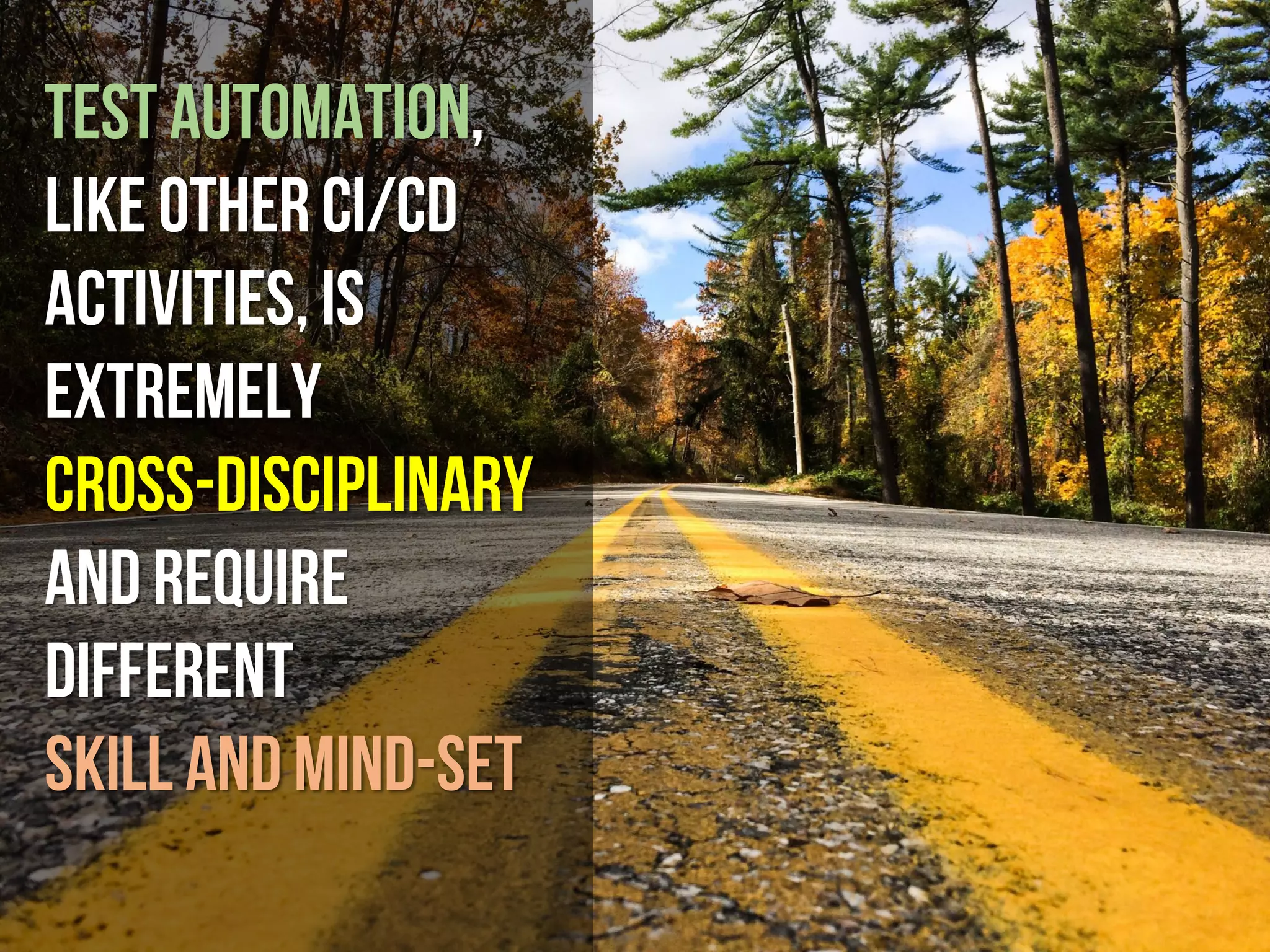 Test Automation,
like other CI/CD
activities,is
extremely
CROSS-DISCIPLINARY
And require
different
skill and mind-set
 