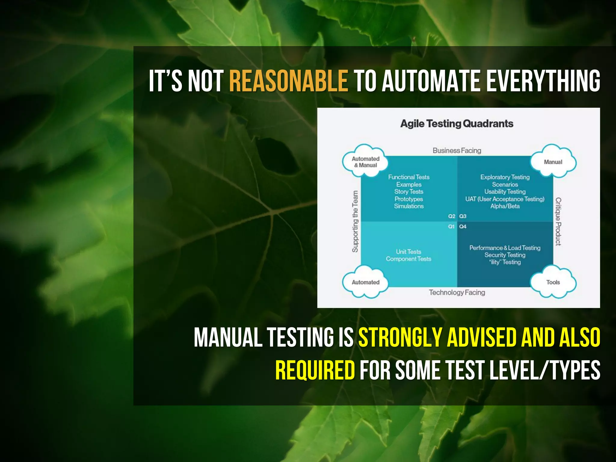 It’s not Reasonable to automate everything
Manualtesting is strongly advised andALSO
required for SOMETest Level/types
 