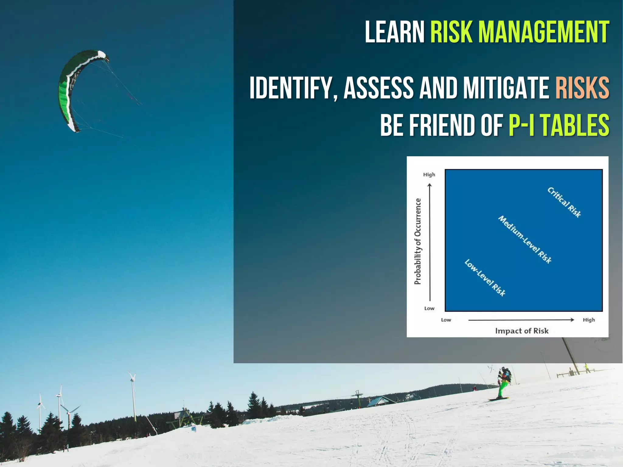 Learn RISK MANAGEment
IDENTIFY, ASSESS and MITIGATE RISKS
Be Friend of P-I Tables
 