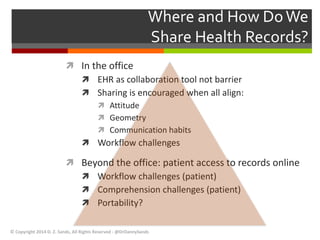 Where and How Do We 
Share Health Records? 
 In the office 
 EHR as collaboration tool not barrier 
 Sharing is encouraged when all align: 
 Attitude 
 Geometry 
 Communication habits 
 Workflow challenges 
 Beyond the office: patient access to records online 
 Workflow challenges (patient) 
 Comprehension challenges (patient) 
 Portability? 
© Copyright 2014 D. Z. Sands, All Rights Reserved - @DrDannySands 
 