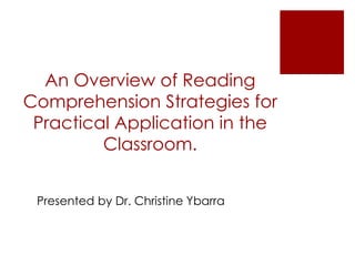 An Overview of Reading
Comprehension Strategies for
Practical Application in the
Classroom.
Presented by Dr. Christine Ybarra
 