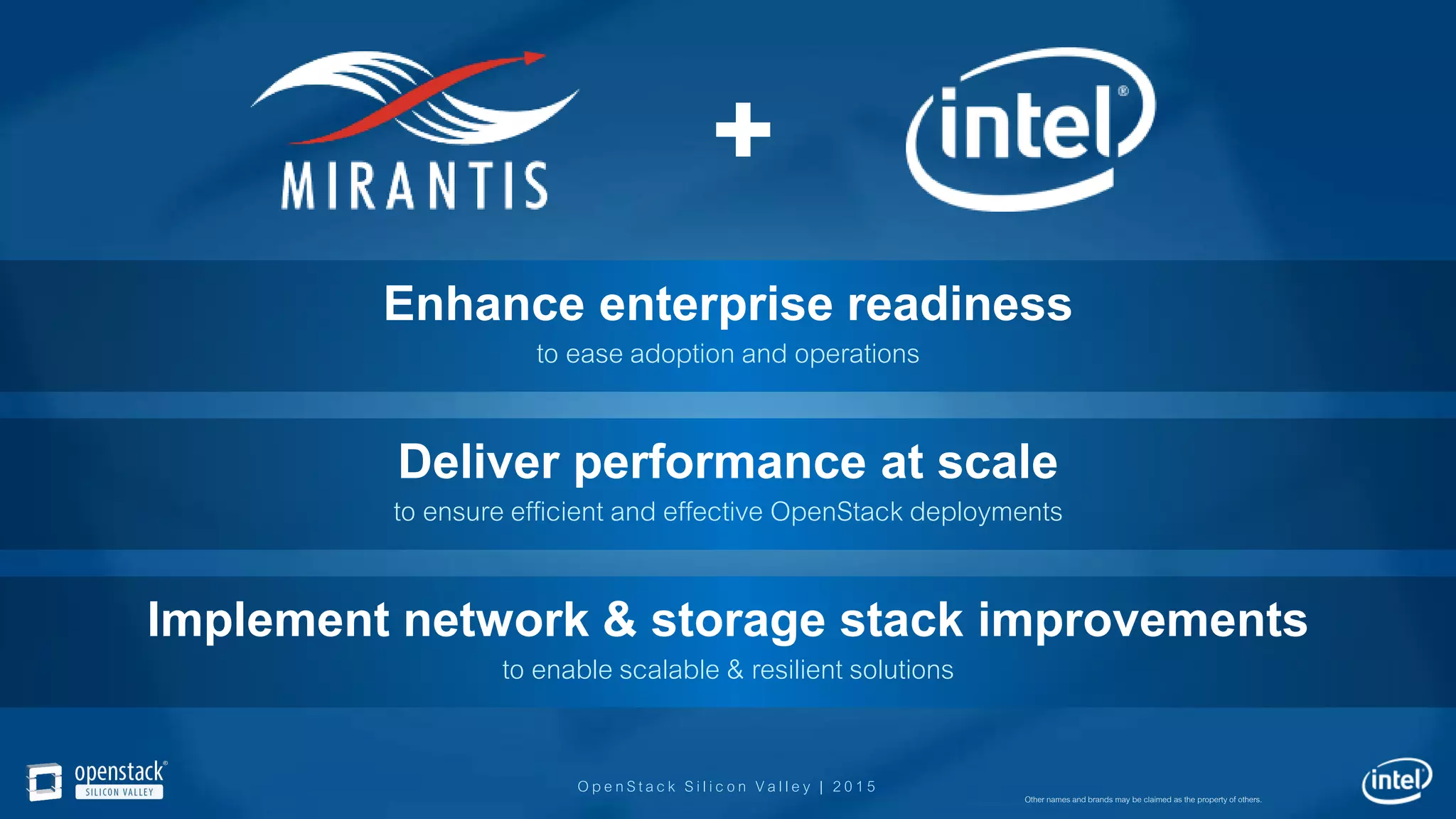 OpenStack Silicon Valley | 2015
Enhance enterprise readiness
to ease adoption and operations
Deliver performance at scale
to ensure efficient and effective OpenStack deployments
Implement network & storage stack improvements
to enable scalable & resilient solutions
Other names and brands may be claimed as the property of others.
 