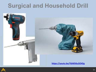 23
Surgical and Household Drill
Bosch Drill:
Same speed
Same torque
Lightweight
Bosch Batteries:
Longer lasting charge
Longer life
Very low cost
https://youtu.be/YbWD6u5O45g
 