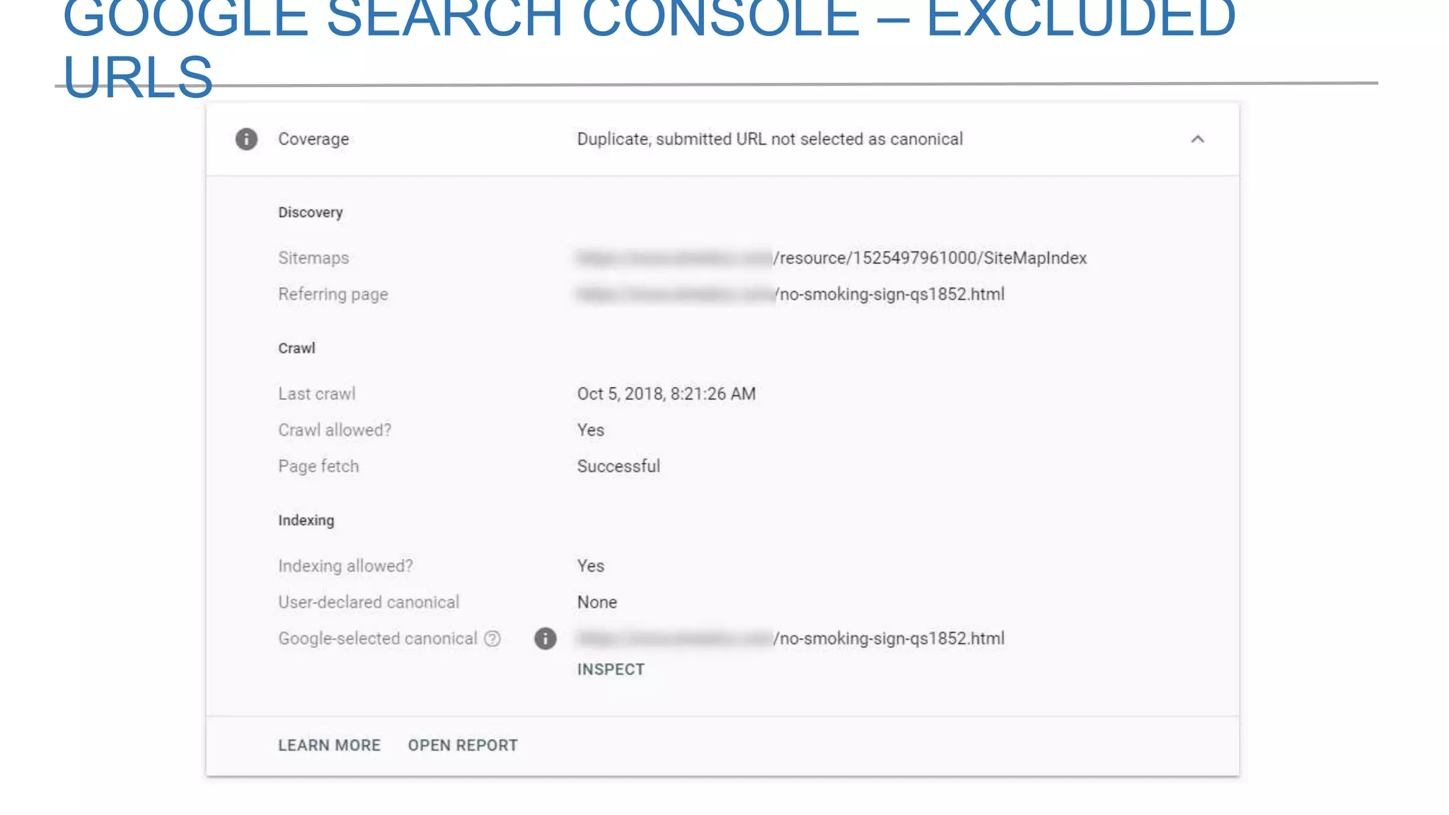 GOOGLE SEARCH CONSOLE – EXCLUDED
URLS
 