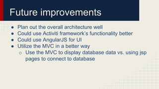 Future improvements
● Plan out the overall architecture well
● Could use Activiti framework’s functionality better
● Could use AngularJS for UI
● Utilize the MVC in a better way
o Use the MVC to display database data vs. using jsp
pages to connect to database
 