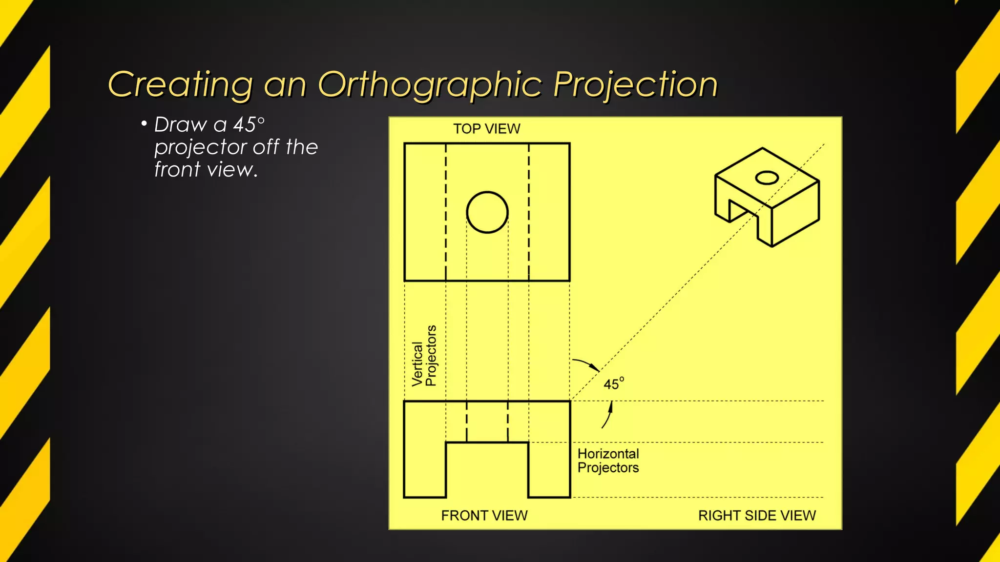 Creating an Orthographic ProjectionCreating an Orthographic Projection
• Draw a 45°
projector off the
front view.
 