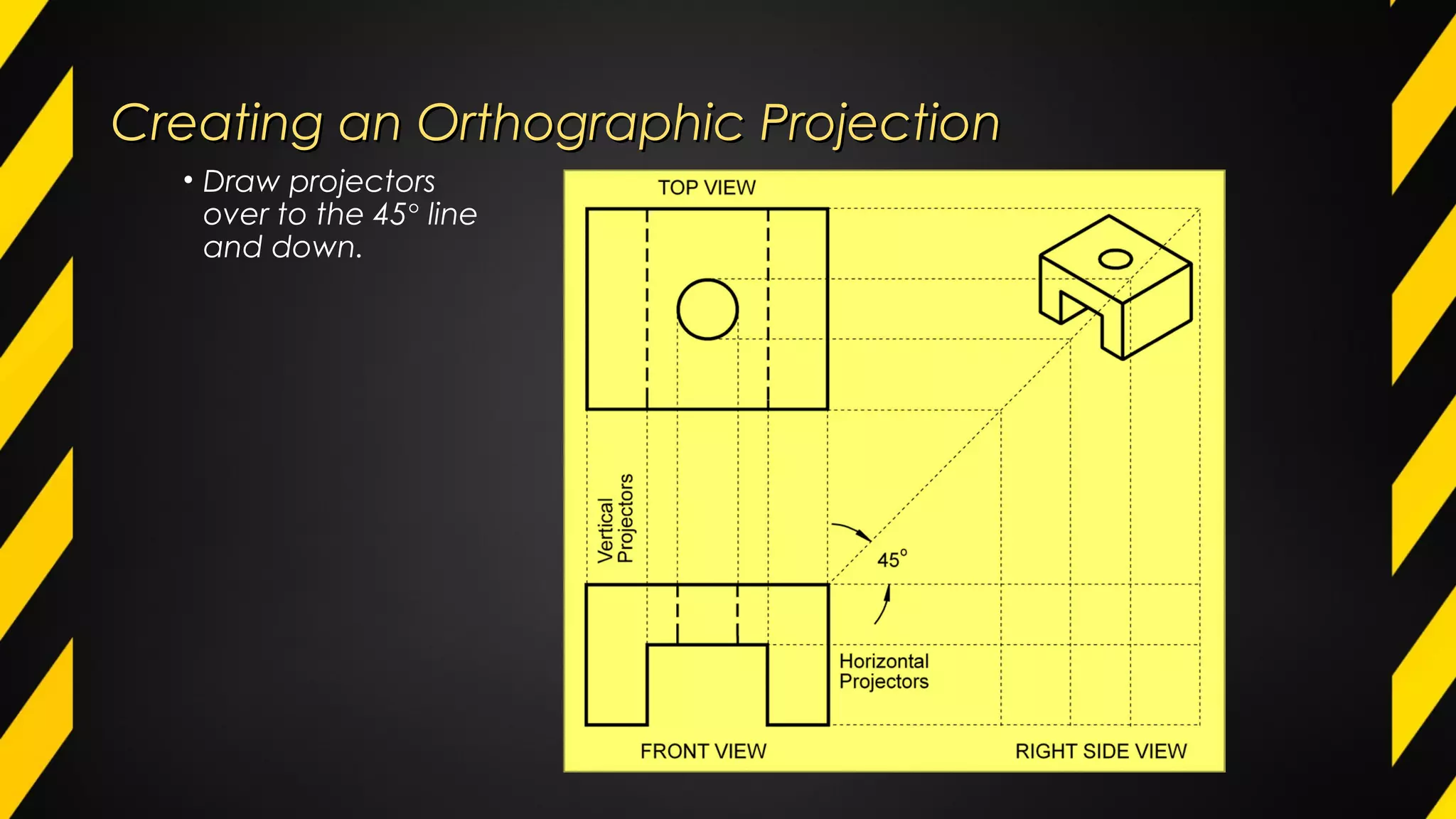 Creating an Orthographic ProjectionCreating an Orthographic Projection
• Draw projectors
over to the 45° line
and down.
 