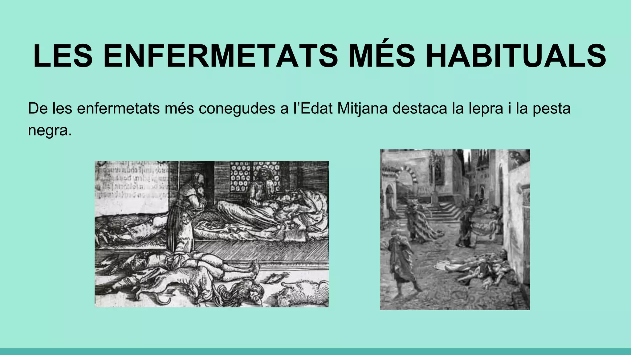 LES ENFERMETATS MÉS HABITUALS
De les enfermetats més conegudes a l’Edat Mitjana destaca la lepra i la pesta
negra.
 