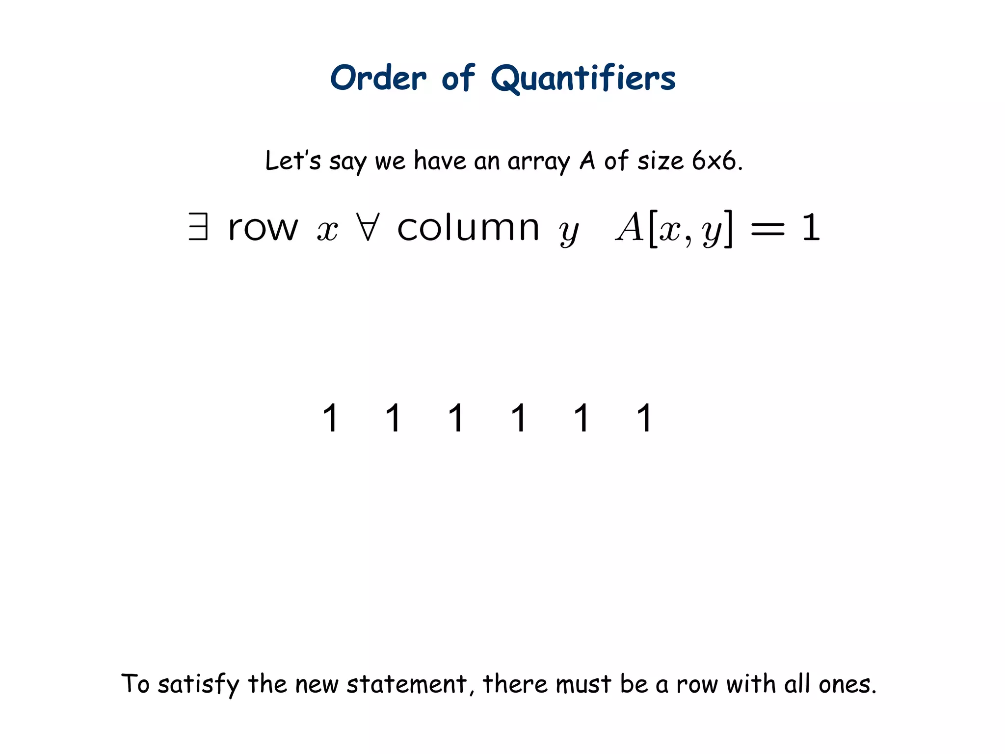 Order of Quantifiers
Let’s say we have an array A of size 6x6.
1 1 1 1 1 1
To satisfy the new statement, there must be a row with all ones.
 