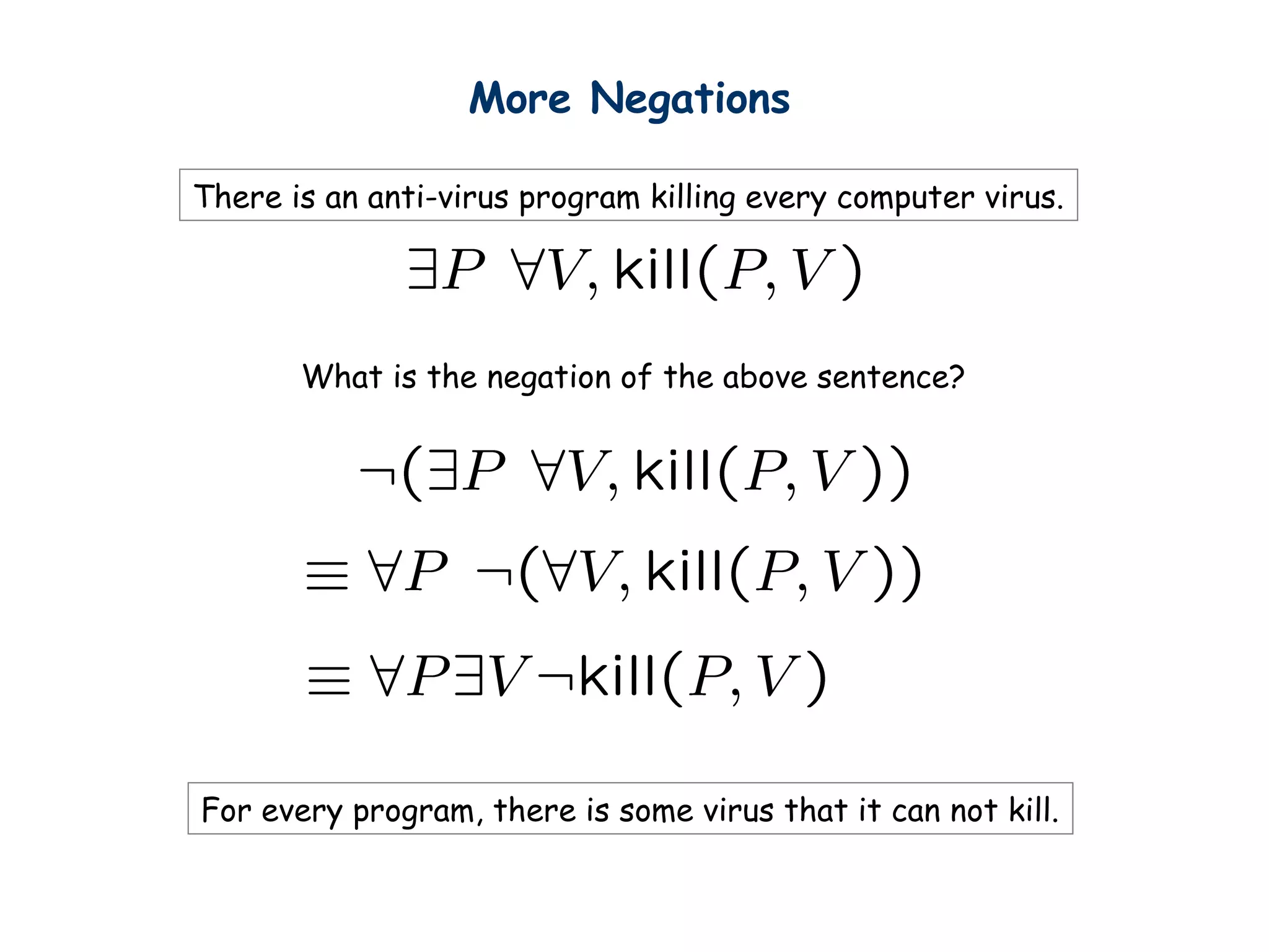 More Negations
There is an anti-virus program killing every computer virus.
What is the negation of the above sentence?
For every program, there is some virus that it can not kill.
 