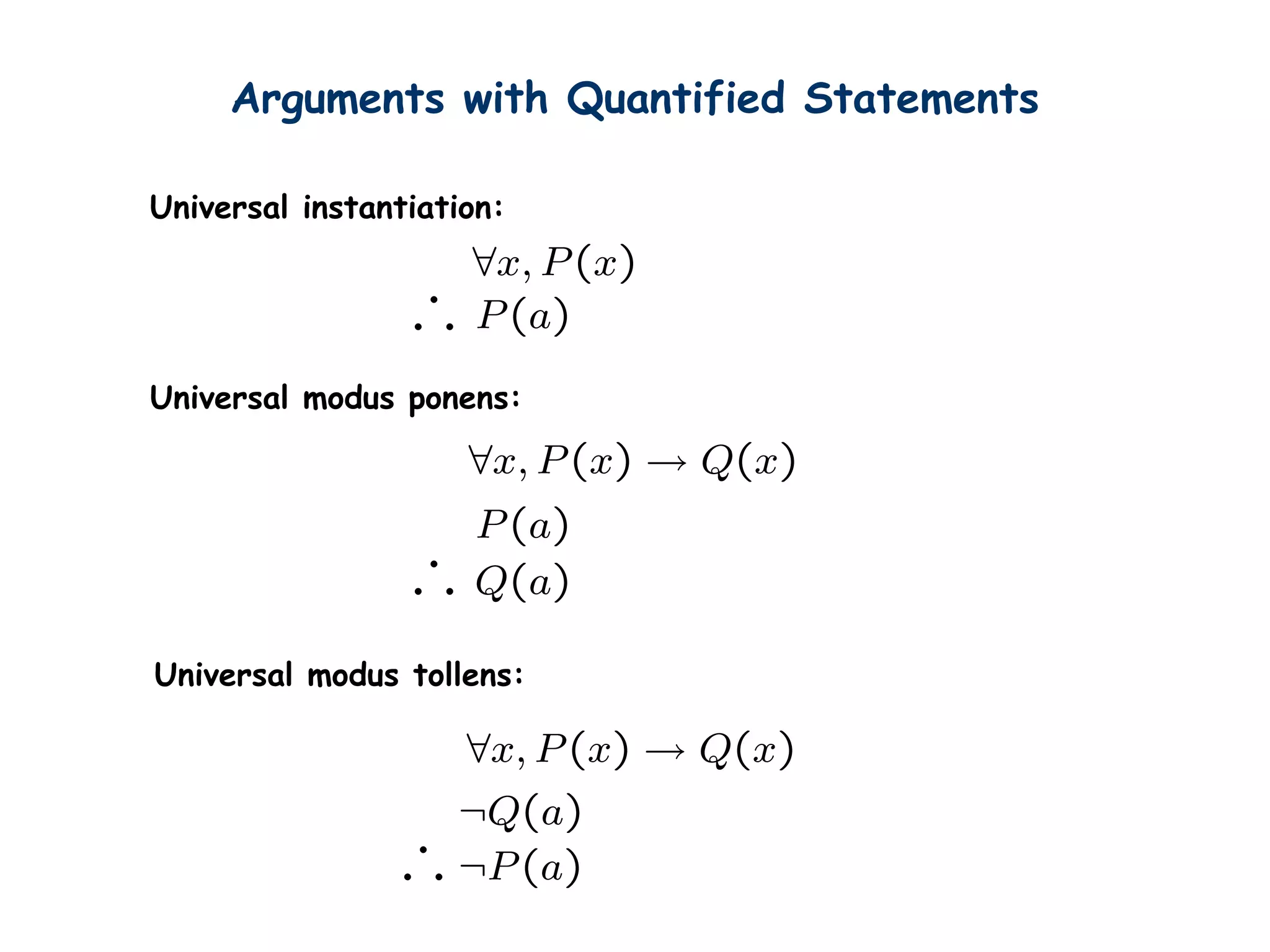 Arguments with Quantified Statements
Universal instantiation:
Universal modus ponens:
Universal modus tollens:
 