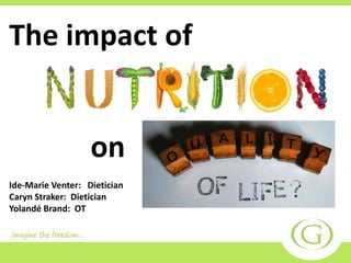 The impact of 
on 
Ide-Marie Venter: Dietician 
Caryn Straker: Dietician 
Yolandé Brand: OT 
 