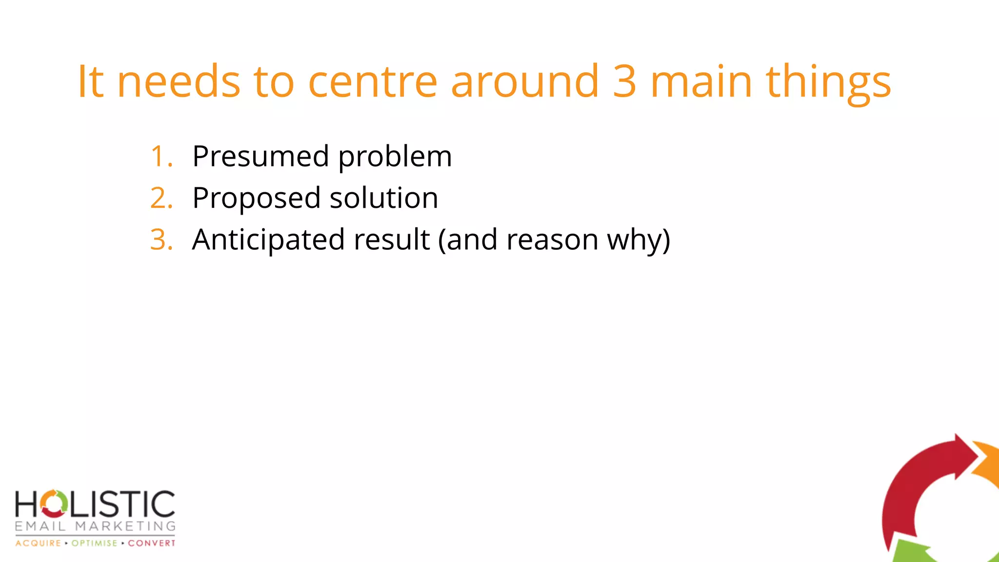 It needs to centre around 3 main things
1. Presumed problem
2. Proposed solution
3. Anticipated result (and reason why)
 