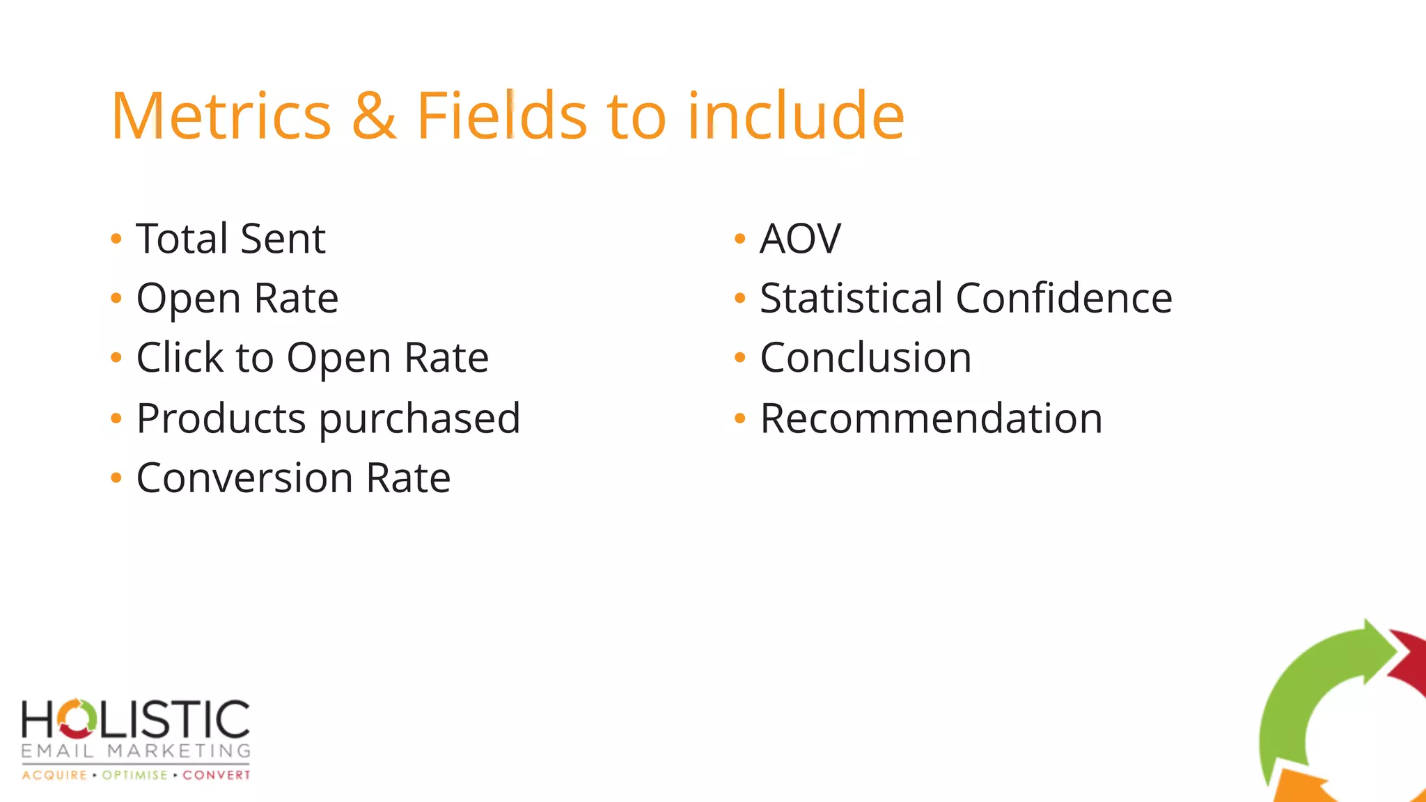 • Total Sent
• Open Rate
• Click to Open Rate
• Products purchased
• Conversion Rate
• AOV
• Statistical Confidence
• Conclusion
• Recommendation
Metrics & Fields to include
 
