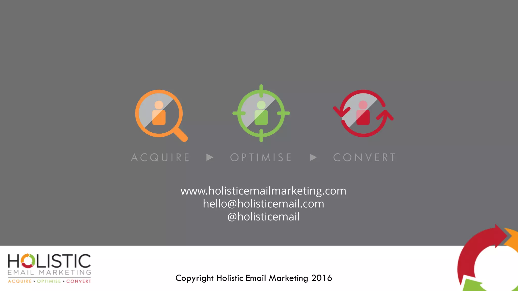 www.holisticemailmarketing.com
hello@holisticemail.com
@holisticemail
Copyright Holistic Email Marketing 2016
 