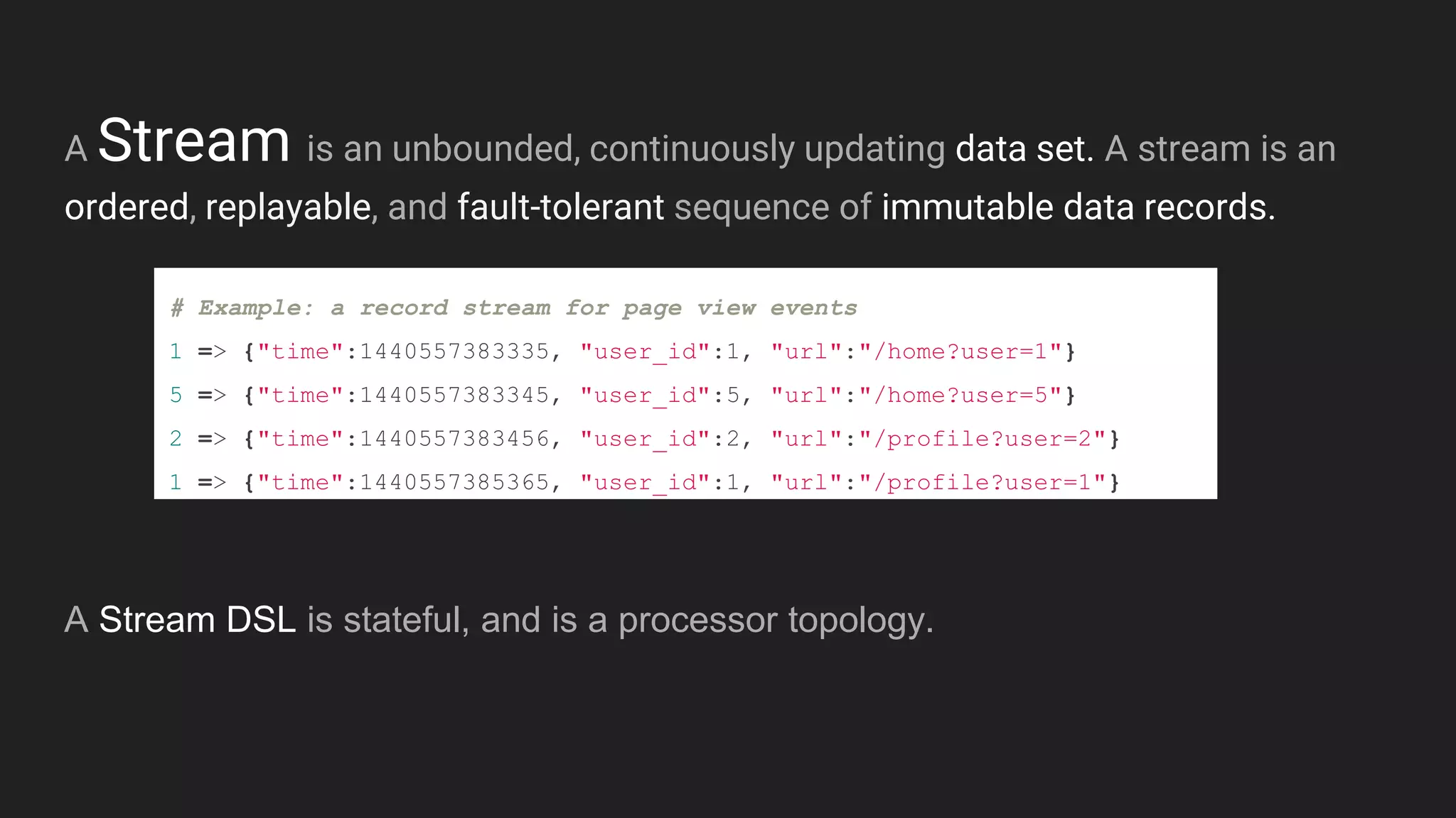 A Stream is an unbounded, continuously updating data set. A stream is an
ordered, replayable, and fault-tolerant sequence of immutable data records.
A Stream DSL is stateful, and is a processor topology.
# Example: a record stream for page view events
1 => {"time":1440557383335, "user_id":1, "url":"/home?user=1"}
5 => {"time":1440557383345, "user_id":5, "url":"/home?user=5"}
2 => {"time":1440557383456, "user_id":2, "url":"/profile?user=2"}
1 => {"time":1440557385365, "user_id":1, "url":"/profile?user=1"}
 