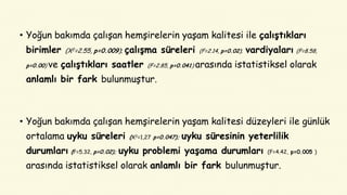 • Yoğun bakımda çalışan hemşirelerin yaşam kalitesi ile çalıştıkları
birimler (X2=2.55, p=0.009); çalışma süreleri (F=2.14, p=0.02); vardiyaları (F=8.58,
p=0.00) ve çalıştıkları saatler (F=2.85, p=0.041) arasında istatistiksel olarak
anlamlı bir fark bulunmuştur.
• Yoğun bakımda çalışan hemşirelerin yaşam kalitesi düzeyleri ile günlük
ortalama uyku süreleri (X2=1,27 p=0.047); uyku süresinin yeterlilik
durumları (F=5.32, p=0.02); uyku problemi yaşama durumları (F=4.42, p=0.005 )
arasında istatistiksel olarak anlamlı bir fark bulunmuştur.
 